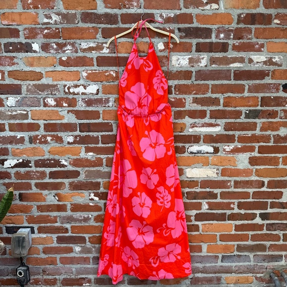 STAUD Apfel Cutout Maxi Dress Red Pink Hibiscus Floral Print Size Medium - Picture 2 of 10